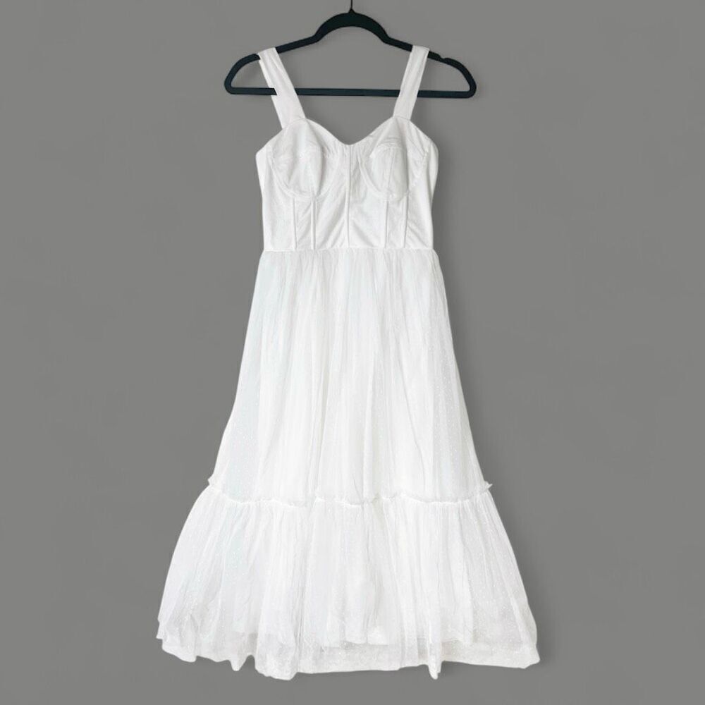 Lulus Feeling Gorgeous White Swiss Dot Tulle Bustier Midi Dress Size XS New